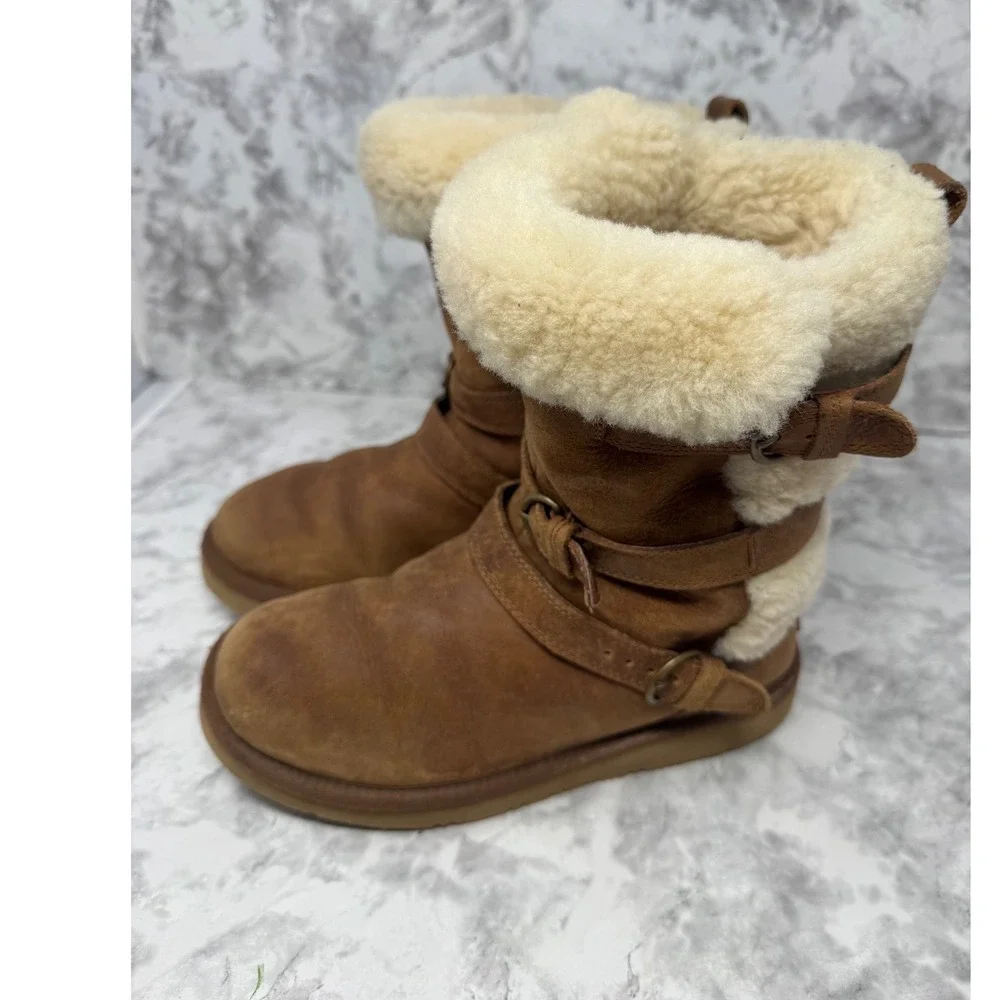 UGG Australia Women Triple Buckle Shearling Suede Boots Chestnut 1008350 6